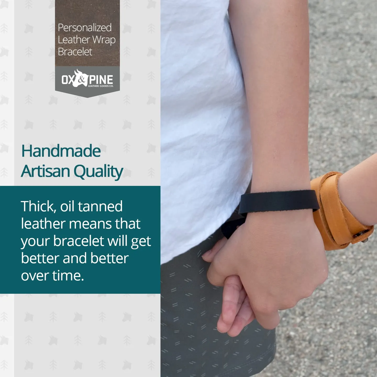 Ox & Pine Personalized Leather Wrap Bracelet - Customize Inscription- 100% Full-Grain Leather - .5 W (Medium/Large, Rustic Brown)