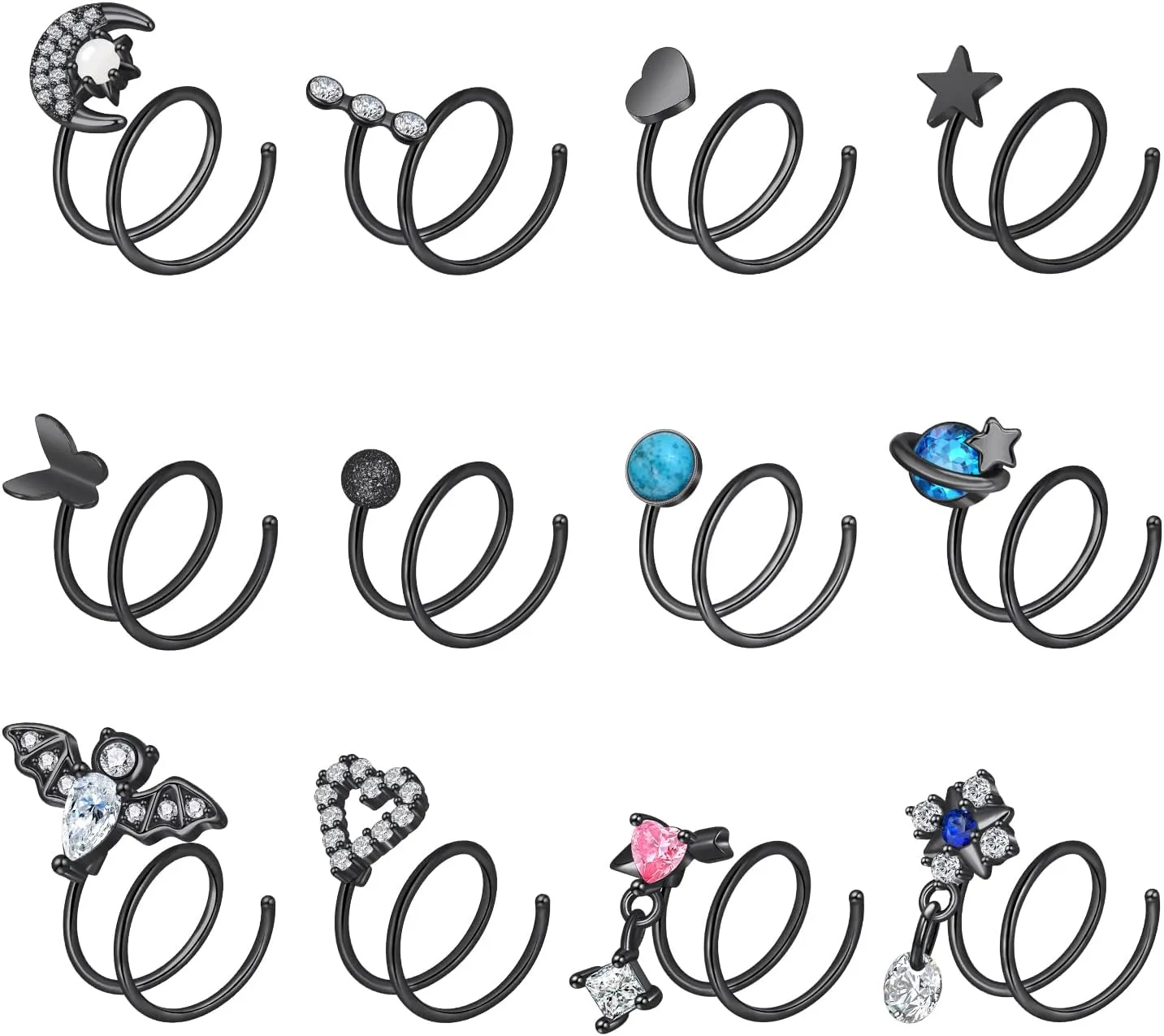 Oyaface 12 Pcs Spiral Twist Double Hoops 20G Nose Rings Silver Black Thin Nose Studs CZ Piercing Jewelry for Women Men Single Piercing