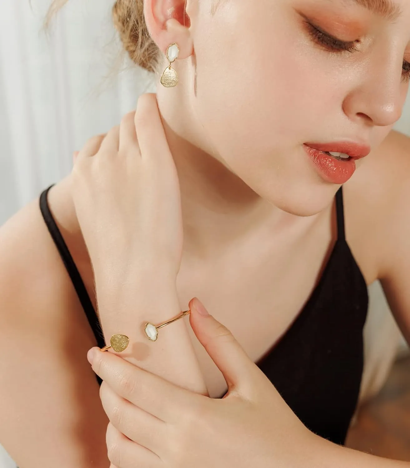 OZEL Cuff Bracelets for Women 18K Real Gold Plated Cuff Bracelet Colorful Crystal Gold Cuff Bracelets for Gifts (Green/Clear/Black/Pink Opal/White Opal)