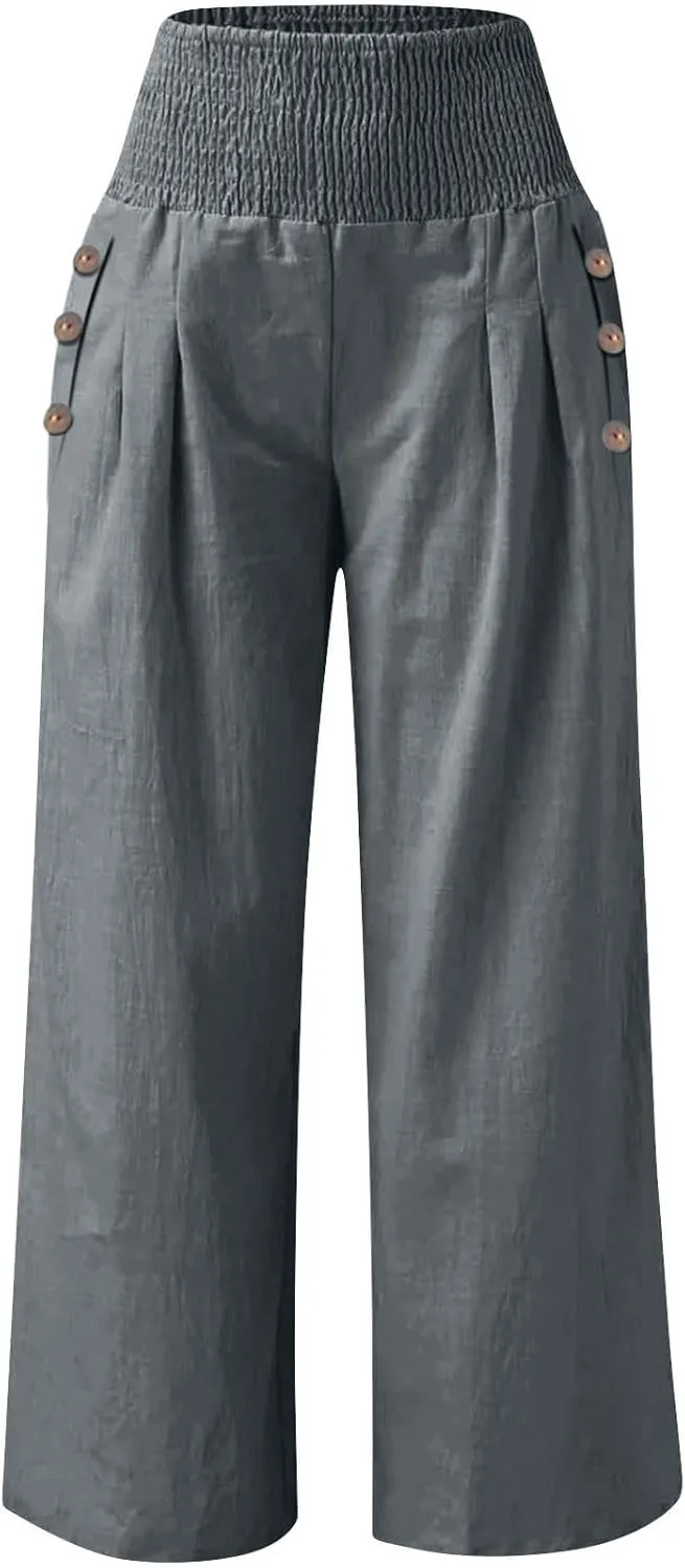 Palazzo Pants for Women Cotton Linen Wide Leg Lounge Pants Plus Size Elastic High Waisted Work Pants with Pockets