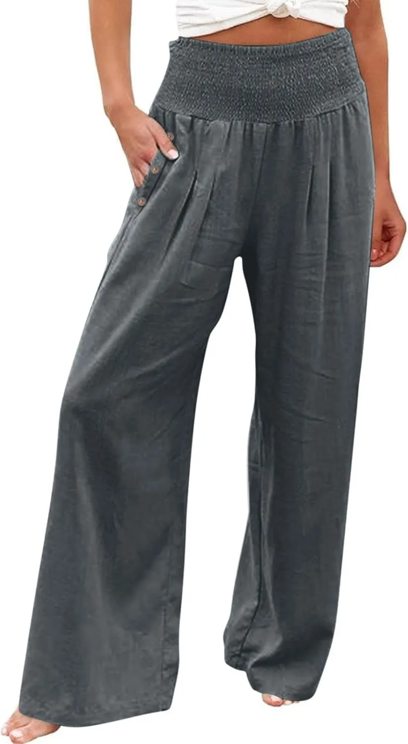Palazzo Pants for Women Cotton Linen Wide Leg Lounge Pants Plus Size Elastic High Waisted Work Pants with Pockets