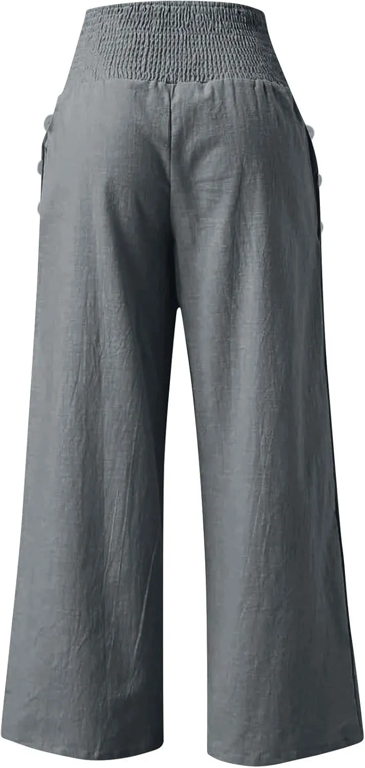 Palazzo Pants for Women Cotton Linen Wide Leg Lounge Pants Plus Size Elastic High Waisted Work Pants with Pockets
