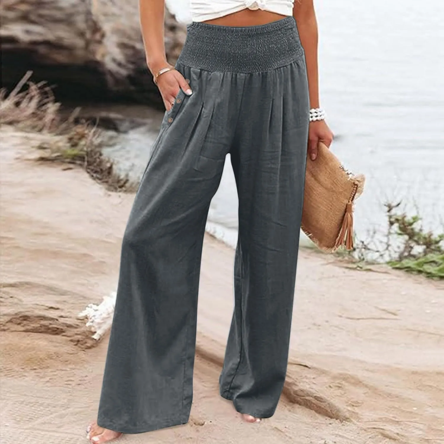 Palazzo Pants for Women Cotton Linen Wide Leg Lounge Pants Plus Size Elastic High Waisted Work Pants with Pockets