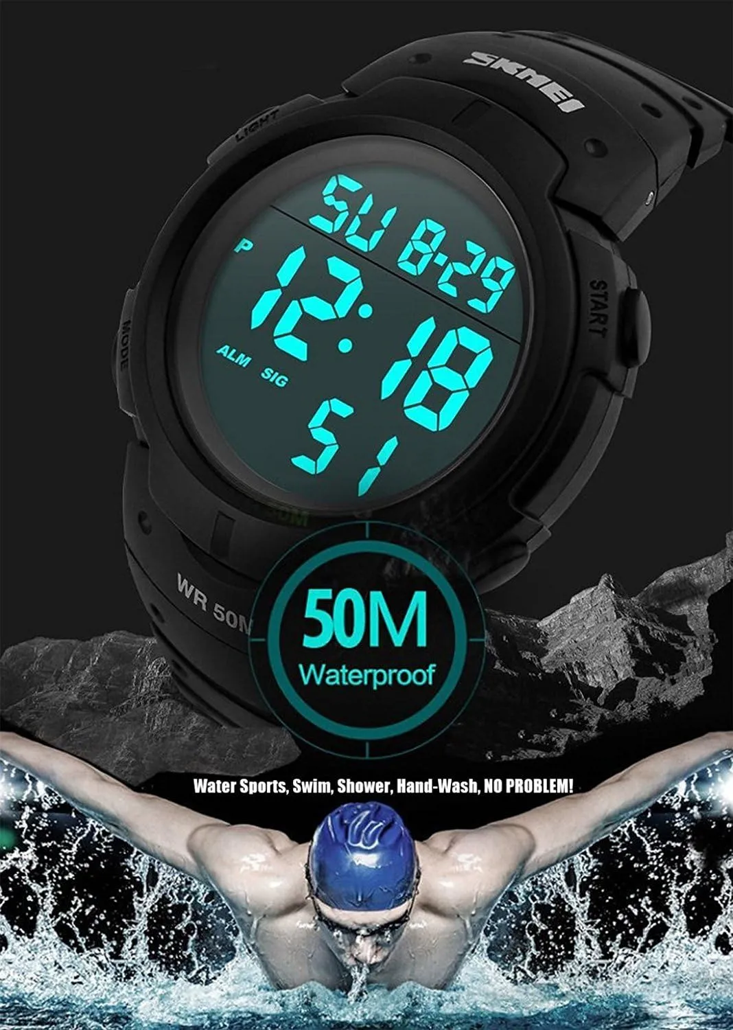 PASOY Mens Women Digital Watch Big Dial Light LED Swim Waterproof Rubber Band Alarm Black LED Watches 50MM