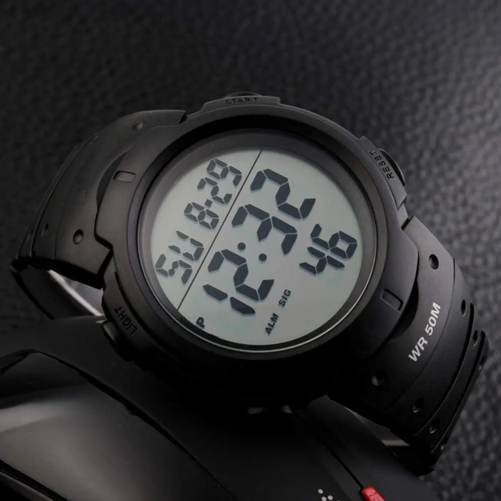 PASOY Mens Women Digital Watch Big Dial Light LED Swim Waterproof Rubber Band Alarm Black LED Watches 50MM