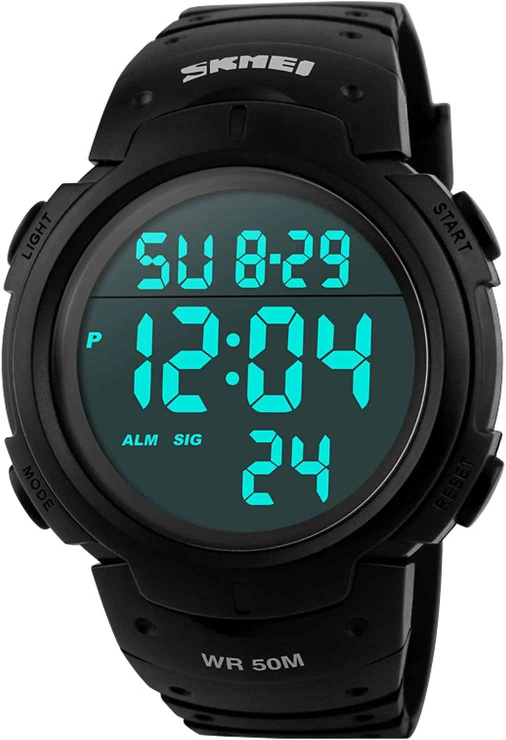 PASOY Mens Women Digital Watch Big Dial Light LED Swim Waterproof Rubber Band Alarm Black LED Watches 50MM