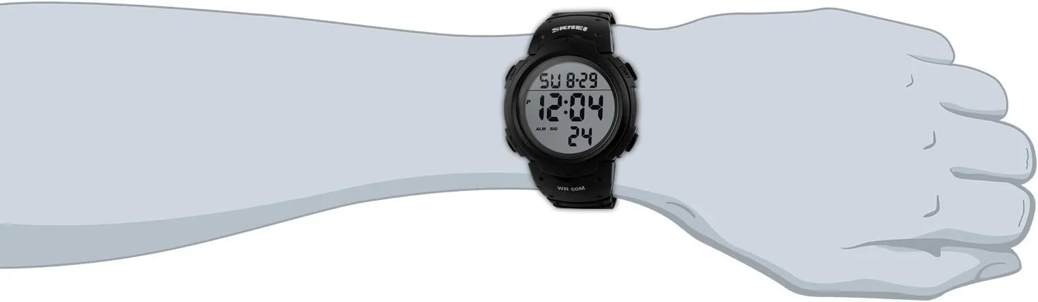 PASOY Mens Women Digital Watch Big Dial Light LED Swim Waterproof Rubber Band Alarm Black LED Watches 50MM