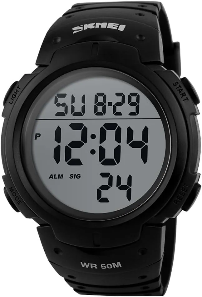 PASOY Mens Women Digital Watch Big Dial Light LED Swim Waterproof Rubber Band Alarm Black LED Watches 50MM