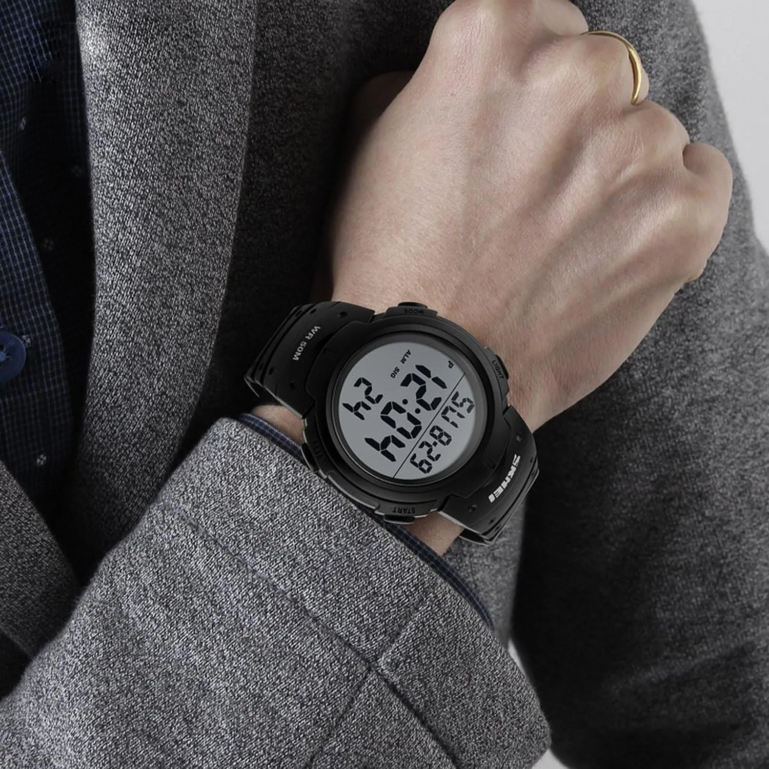 PASOY Mens Women Digital Watch Big Dial Light LED Swim Waterproof Rubber Band Alarm Black LED Watches 50MM