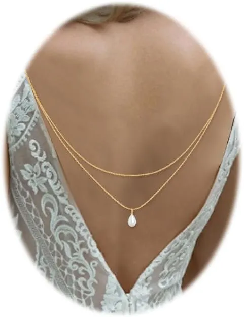 Pearl Backdrop Necklace for Backless Dress Back Necklace Bridal Layered Pearl Drop Back Chain Body Jewelry