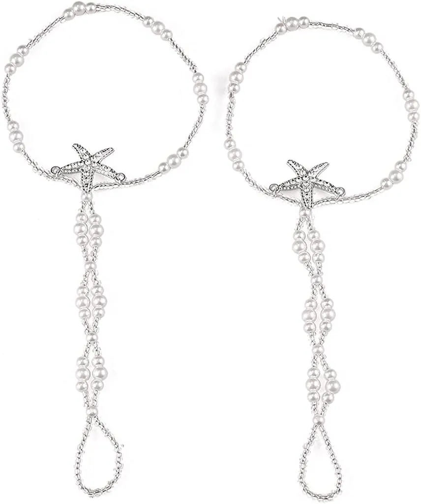 Pearl Beaded Ankltes Barefoot Sandals White Beads Star Ankle Toe Ring Chain Starfish Wedding Foot Chain Elastic Summer Ankle Bracelets Beach Anklets jewelry 2Pcs for Women