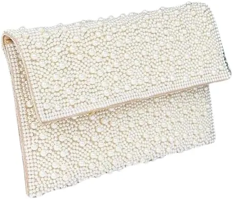 Pearl Studded Envelope Clutch Bag Womens Evening Handbag for Weddings Parties, Proms Banquets and Formal Events