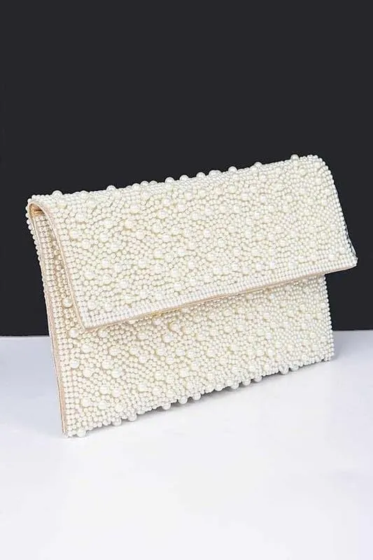 Pearl Studded Envelope Clutch Bag Womens Evening Handbag for Weddings Parties, Proms Banquets and Formal Events