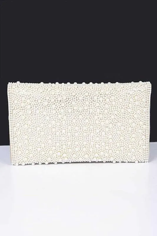 Pearl Studded Envelope Clutch Bag Womens Evening Handbag for Weddings Parties, Proms Banquets and Formal Events