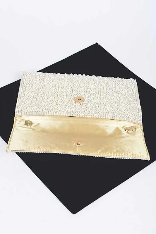 Pearl Studded Envelope Clutch Bag Womens Evening Handbag for Weddings Parties, Proms Banquets and Formal Events