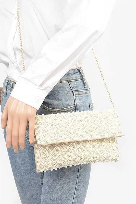 Pearl Studded Envelope Clutch Bag Womens Evening Handbag for Weddings Parties, Proms Banquets and Formal Events