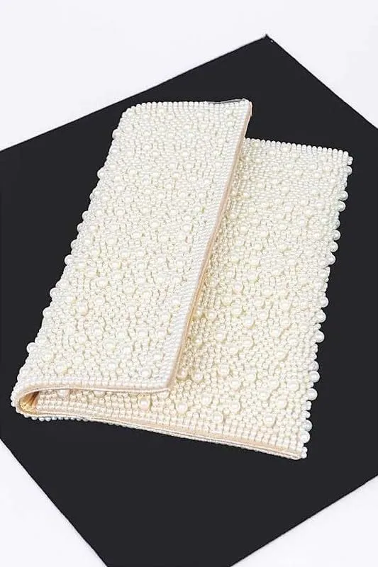 Pearl Studded Envelope Clutch Bag Womens Evening Handbag for Weddings Parties, Proms Banquets and Formal Events