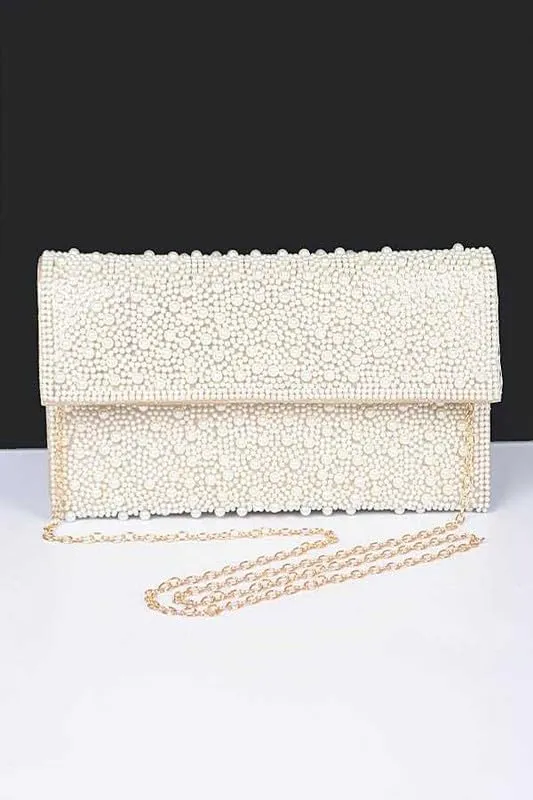 Pearl Studded Envelope Clutch Bag Womens Evening Handbag for Weddings Parties, Proms Banquets and Formal Events