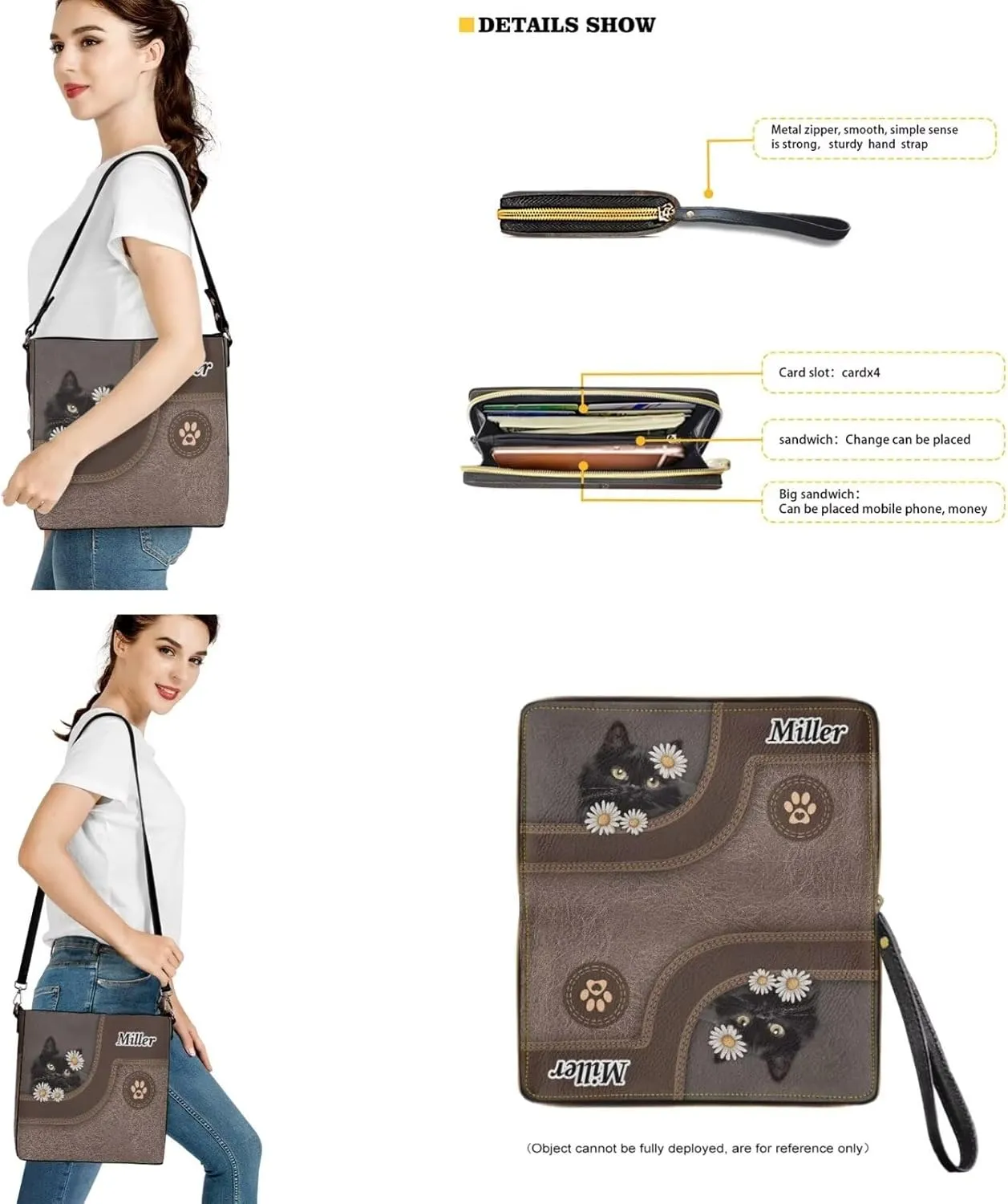 Personalized Leather Purse and Wallet Set for Women, Custom Name Crossbody Bucket Tote Bag with PU Wristlet Wallet