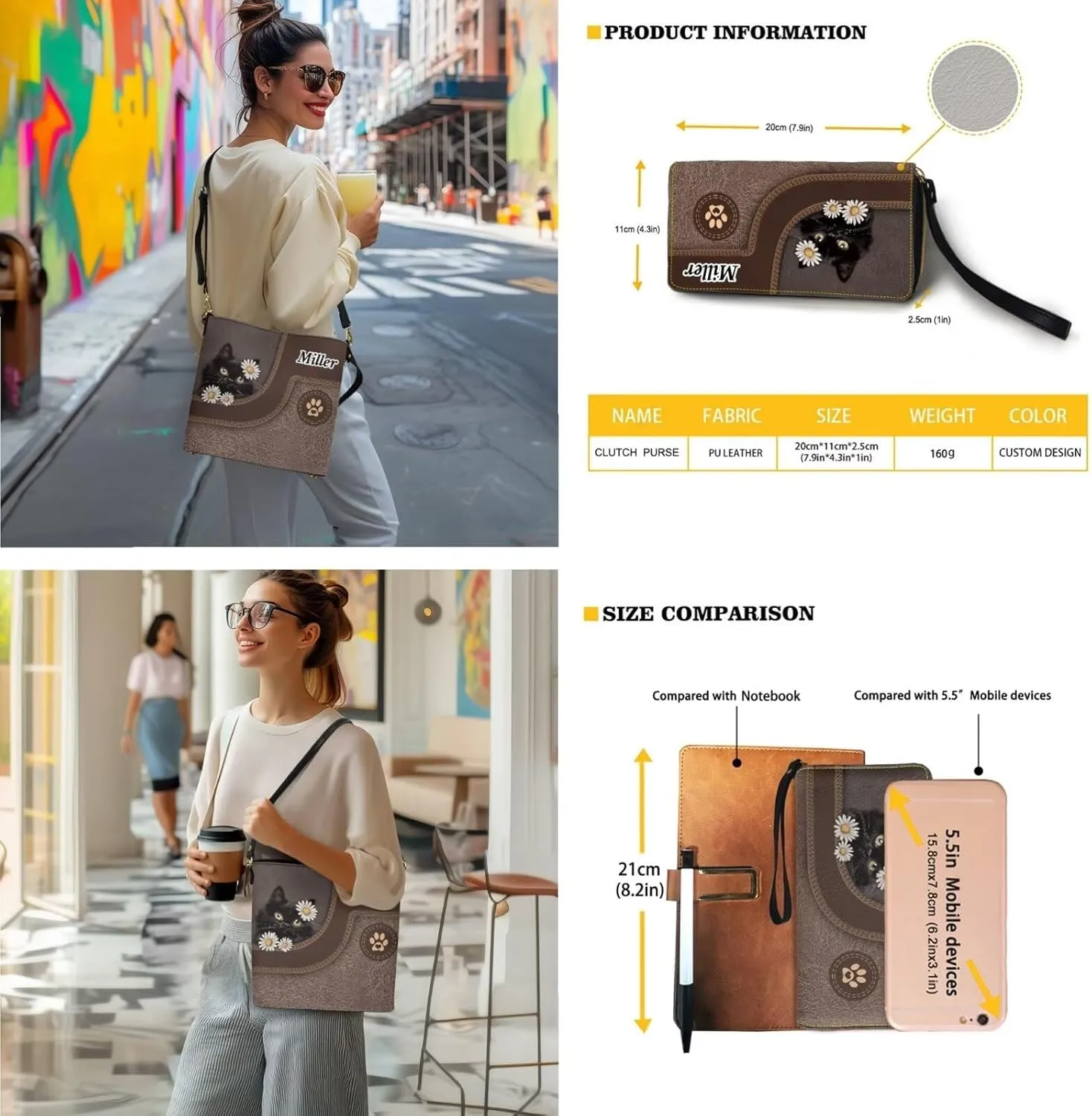 Personalized Leather Purse and Wallet Set for Women, Custom Name Crossbody Bucket Tote Bag with PU Wristlet Wallet