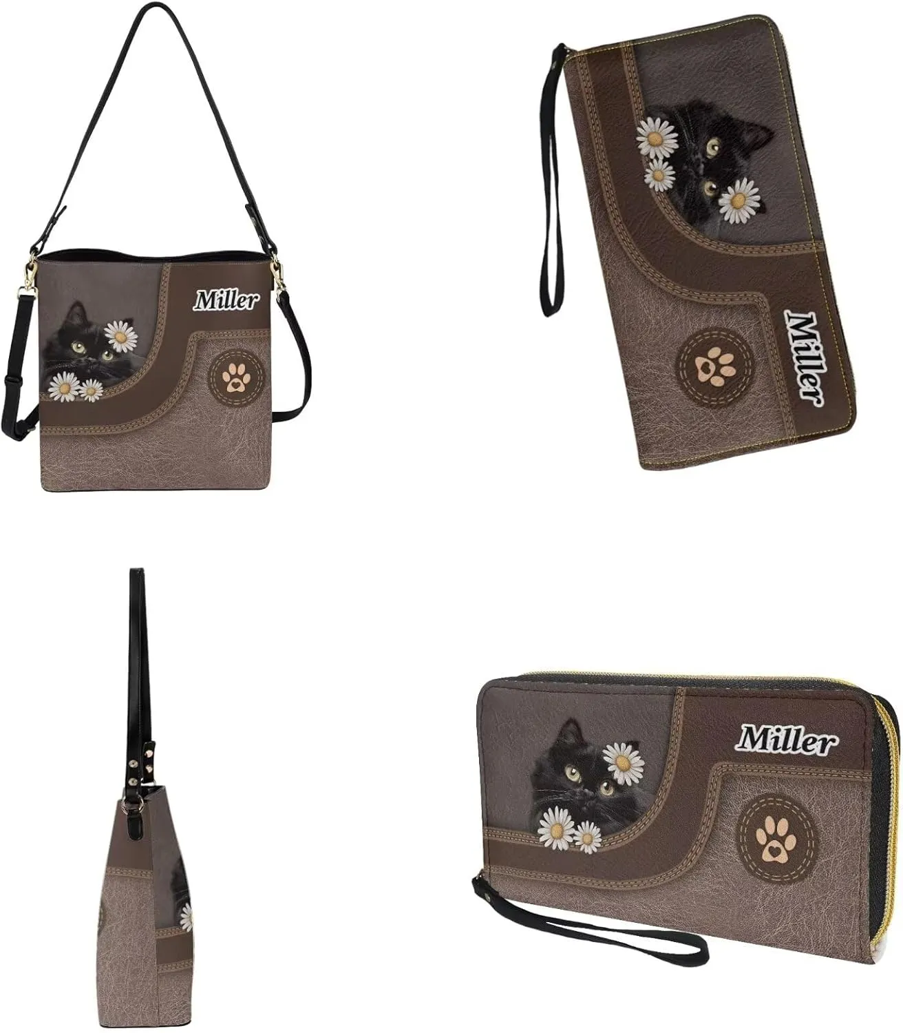 Personalized Leather Purse and Wallet Set for Women, Custom Name Crossbody Bucket Tote Bag with PU Wristlet Wallet