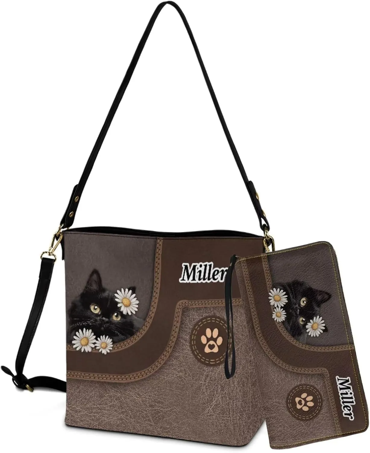 Personalized Leather Purse and Wallet Set for Women, Custom Name Crossbody Bucket Tote Bag with PU Wristlet Wallet