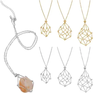 PH PandaHall 3 Sizes Crystal Holder Necklace 6pcs Stainless Steel Crystal Cage Necklace Gold Silver Empty Stone Holder Cord Gemstone Pendant with Adjustable Length for Jewelry DIY Women Men