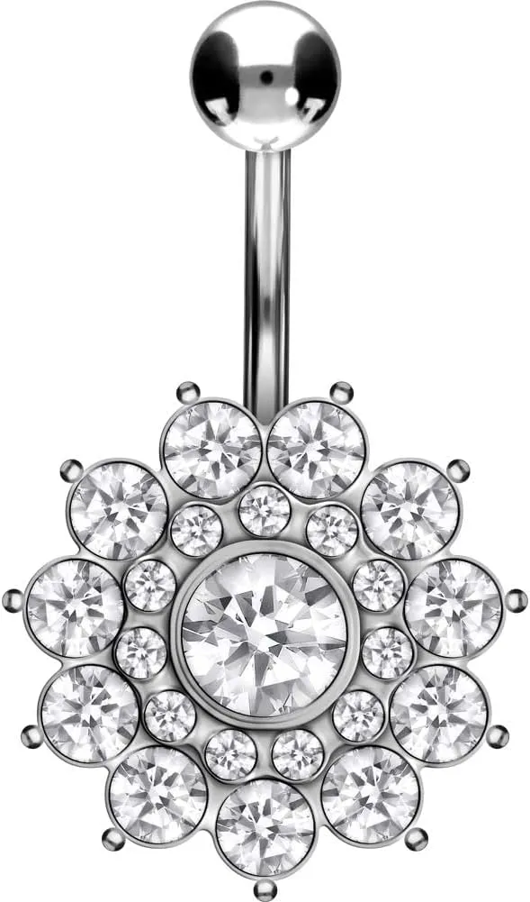PIERCINGLINE Titanium Belly Button Piercing 925 Silver Design CRYSTAL FLOWER