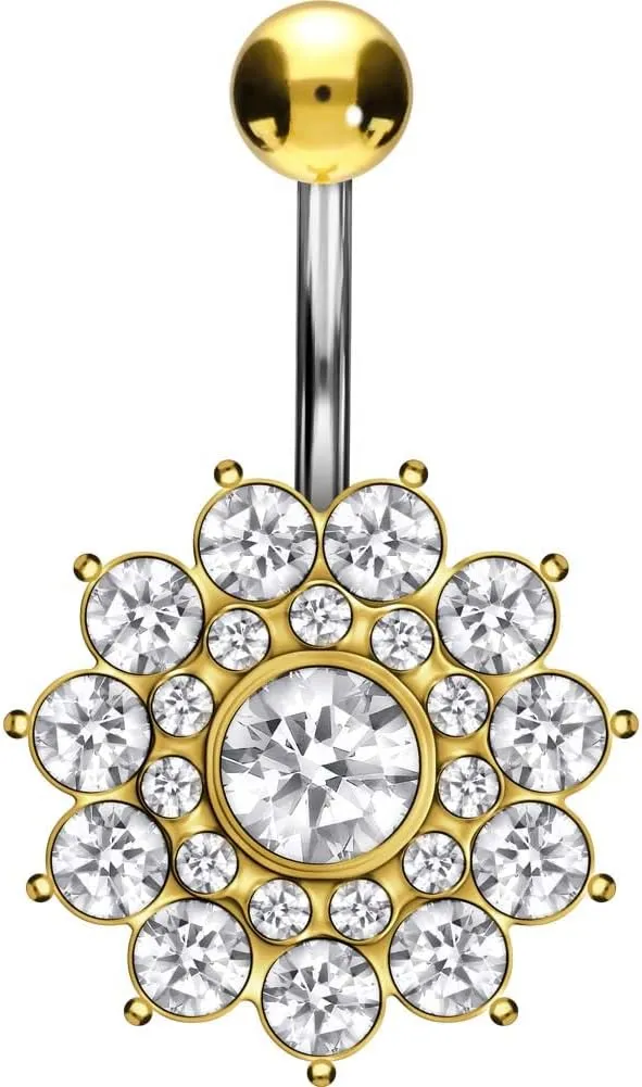PIERCINGLINE Titanium Belly Button Piercing 925 Silver Design CRYSTAL FLOWER