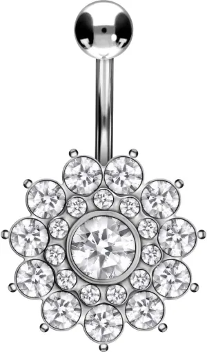 PIERCINGLINE Titanium Belly Button Piercing 925 Silver Design CRYSTAL FLOWER