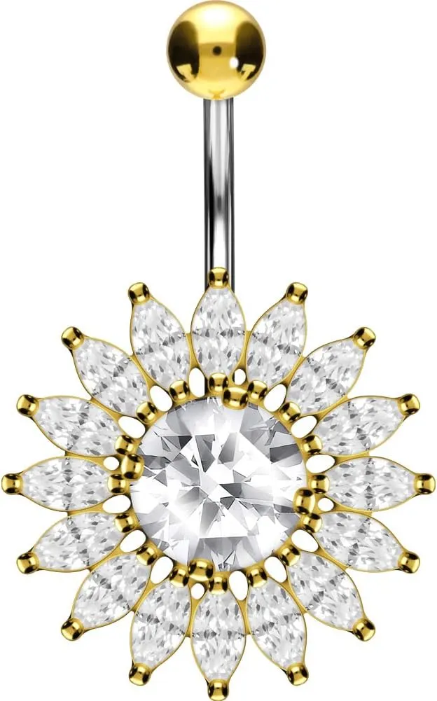PIERCINGLINE Titanium Belly Button Piercing 925 Silver Design CRYSTAL SUN, safe