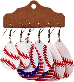 Pingyongchang 3 Pairs Lightweight Leather Earrings Set Bohemian Football Basketball Baseball Drop Dangle Earrings Unique Sparkly Glitter Ball Earrings Sports Jewelry for Women