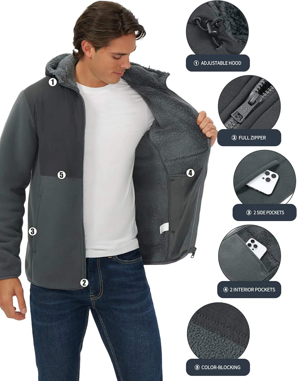 Pioneer Camp Men's Polar Fleece Jacket Sherpa Lined Warm Full Zip Up Hoodie Heavyweight Winter Jacket with Hood Outerwear
