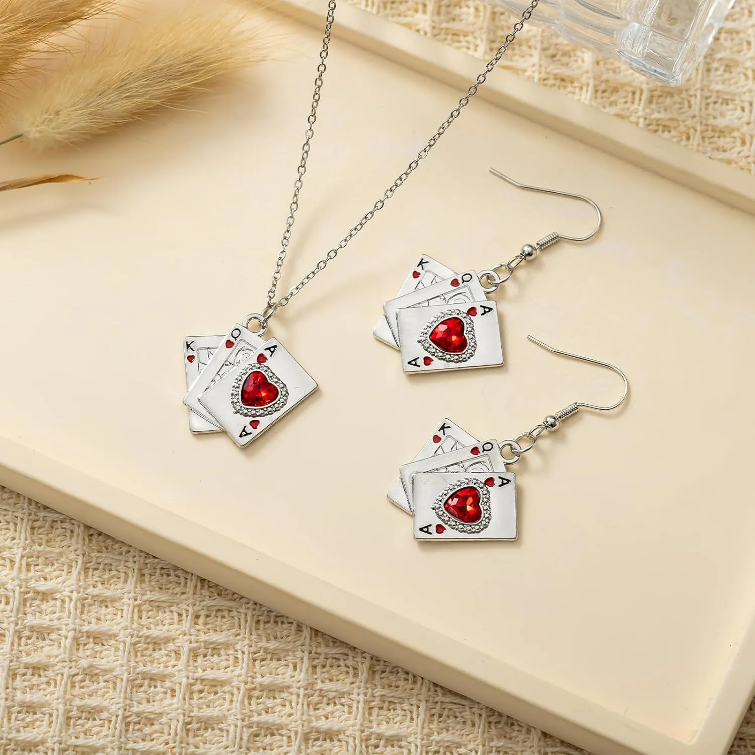 Playing Card Poker Earrings Necklace Sets for Women Lukcy Rock Ace of Spade Heart Royal Flush Games Earrings Vintage Poker Heart Earrings Gambling Casino Halloween Jewelry Gift