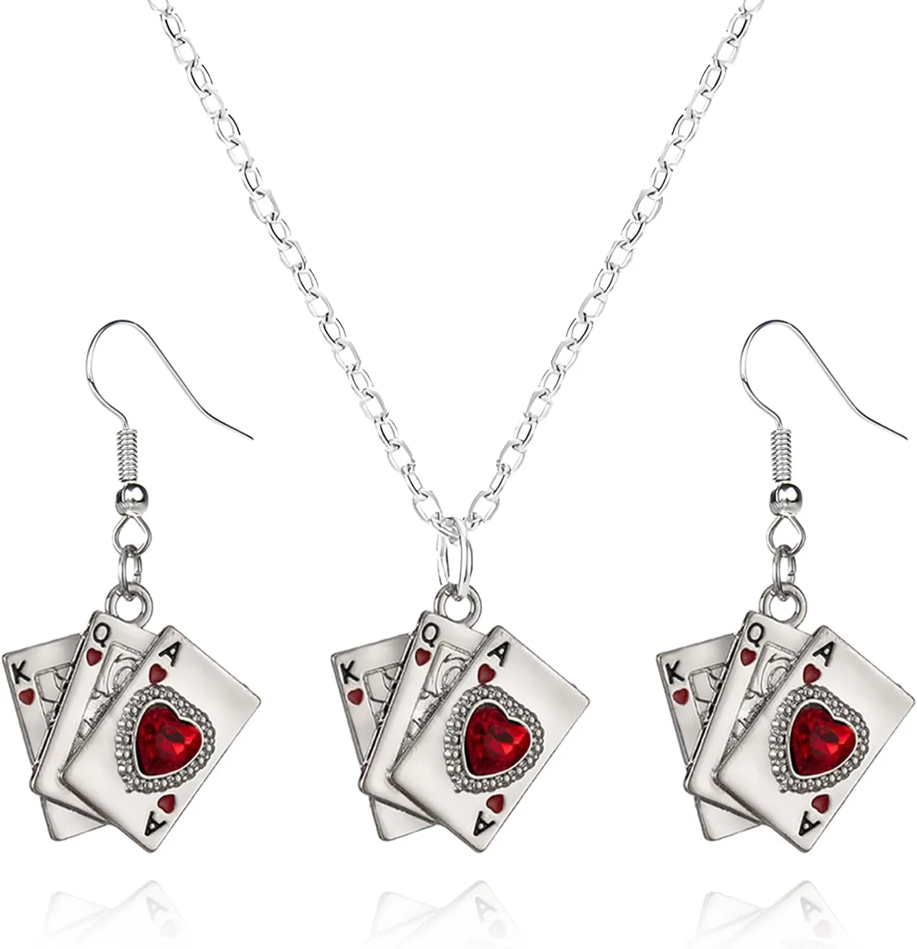 Playing Card Poker Earrings Necklace Sets for Women Lukcy Rock Ace of Spade Heart Royal Flush Games Earrings Vintage Poker Heart Earrings Gambling Casino Halloween Jewelry Gift