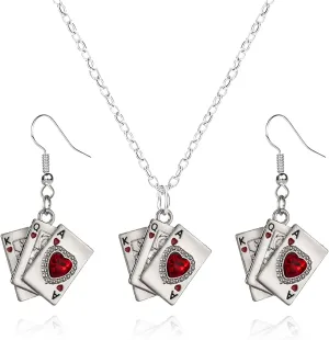 Playing Card Poker Earrings Necklace Sets for Women Lukcy Rock Ace of Spade Heart Royal Flush Games Earrings Vintage Poker Heart Earrings Gambling Casino Halloween Jewelry Gift