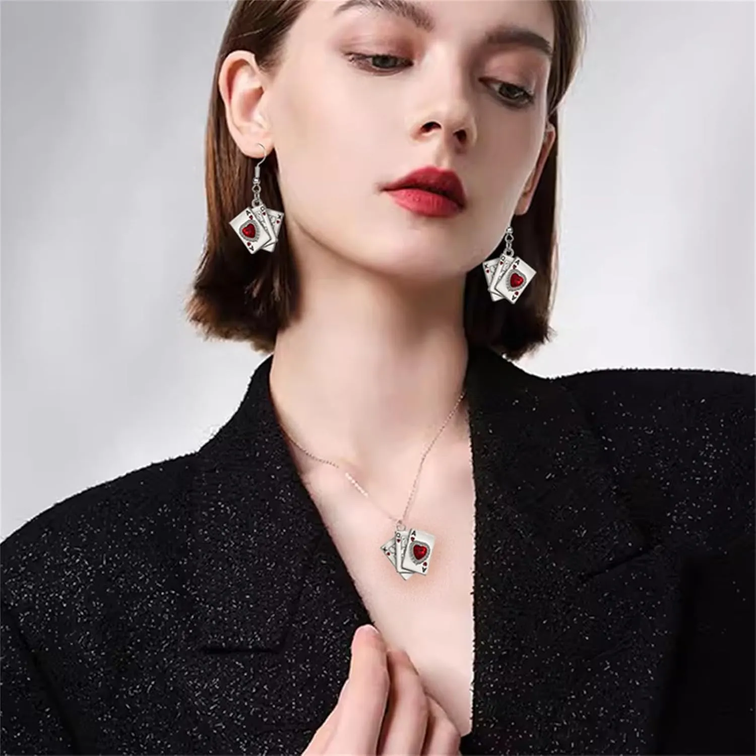 Playing Card Poker Earrings Necklace Sets for Women Lukcy Rock Ace of Spade Heart Royal Flush Games Earrings Vintage Poker Heart Earrings Gambling Casino Halloween Jewelry Gift