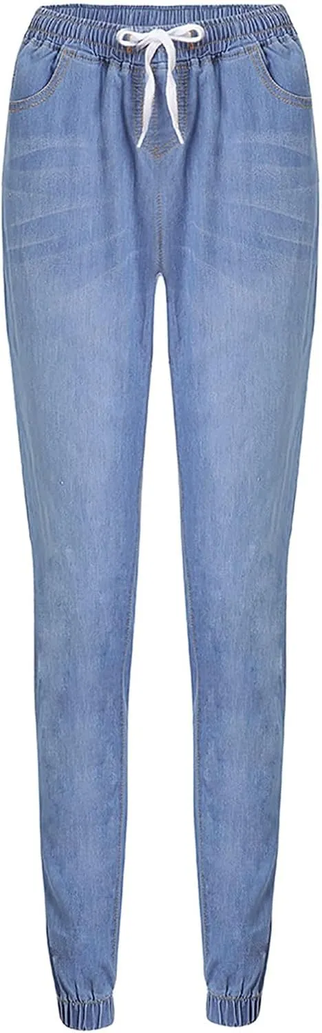 Plus Size Denim Pants for Women Casual Elastic Waist Drawstring Jeans Trousers High Waist Classic Blue Jean Leggings