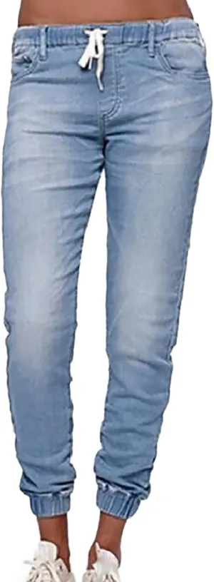 Plus Size Denim Pants for Women Casual Elastic Waist Drawstring Jeans Trousers High Waist Classic Blue Jean Leggings