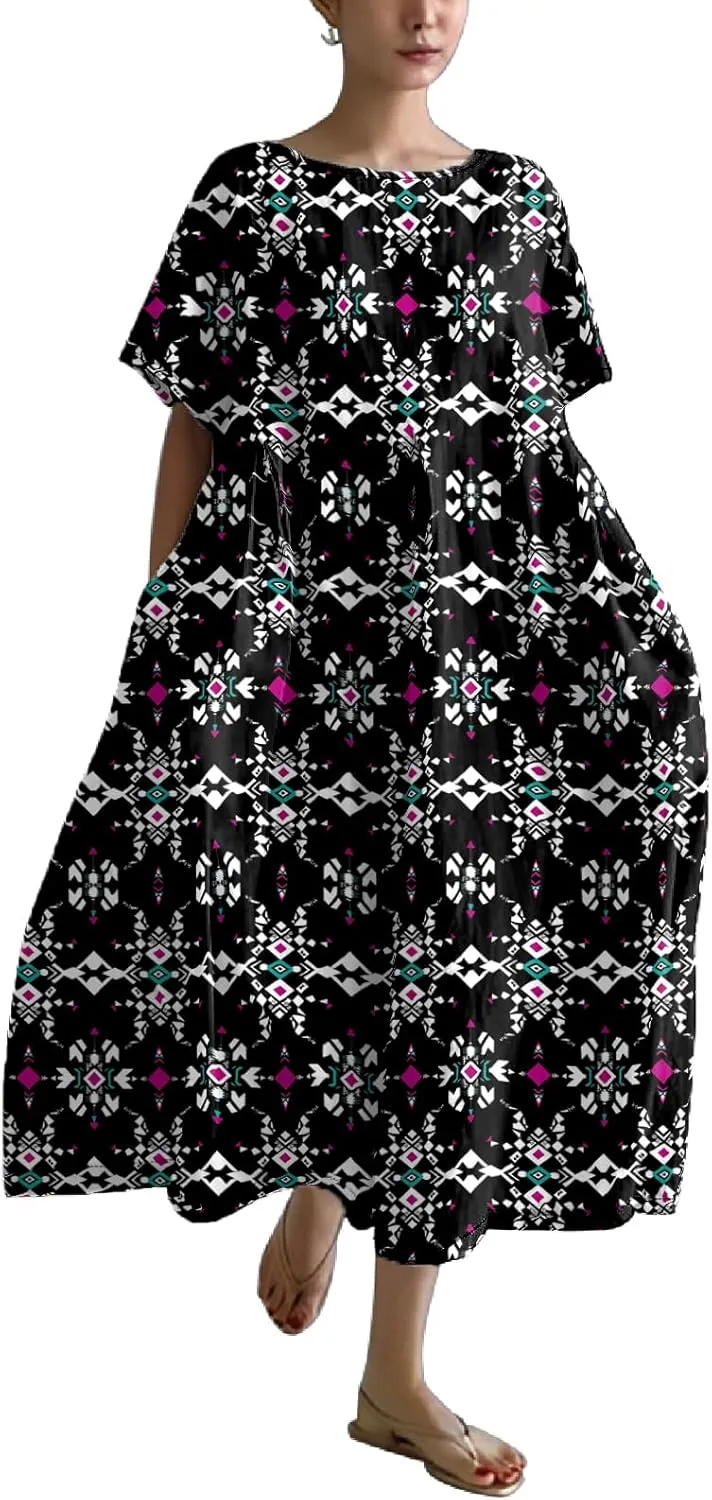 Plus Size Floral Maxi Dress for Women Summer Casual Short Sleeve Boho Dress Cotton Beach Sundresses with Pockets