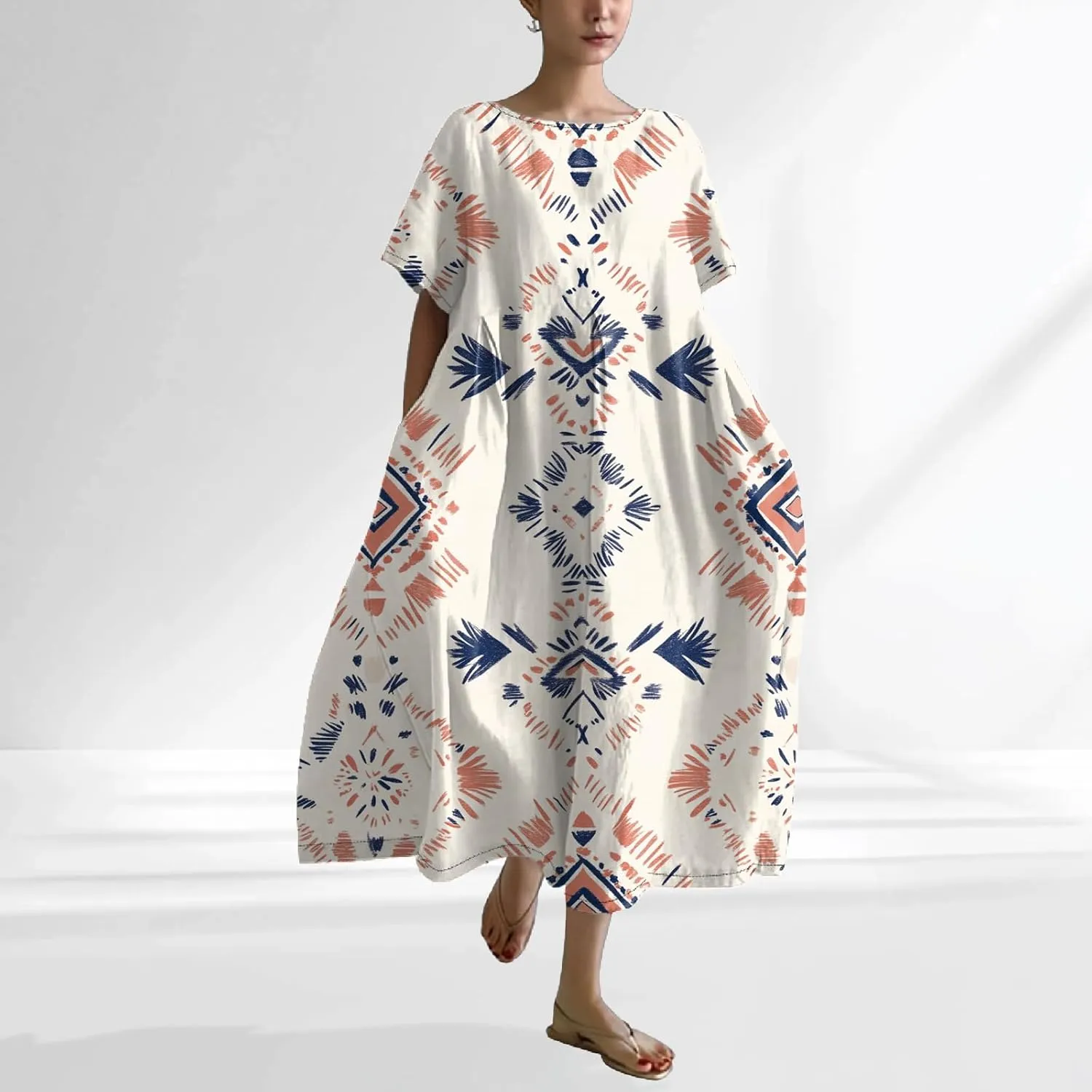 Plus Size Floral Maxi Dress for Women Summer Casual Short Sleeve Boho Dress Cotton Beach Sundresses with Pockets