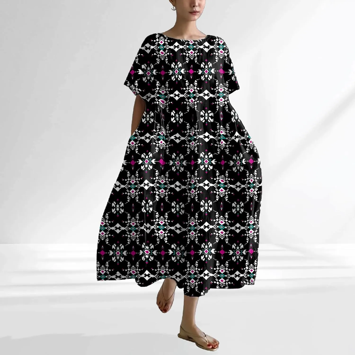 Plus Size Floral Maxi Dress for Women Summer Casual Short Sleeve Boho Dress Cotton Beach Sundresses with Pockets