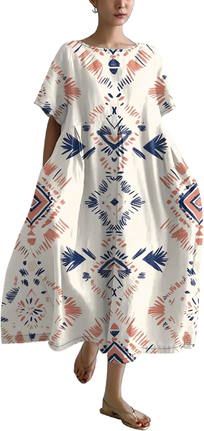 Plus Size Floral Maxi Dress for Women Summer Casual Short Sleeve Boho Dress Cotton Beach Sundresses with Pockets