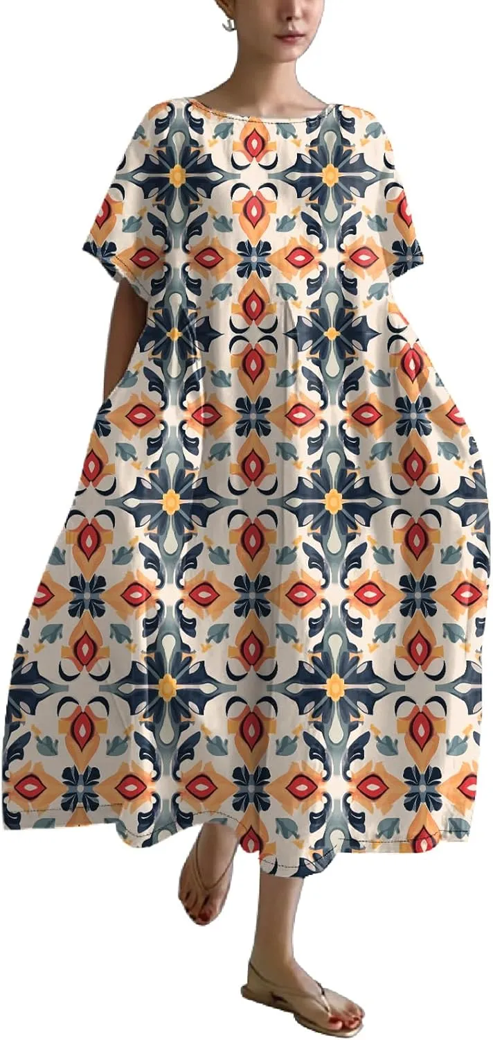Plus Size Floral Maxi Dress for Women Summer Casual Short Sleeve Boho Dress Cotton Beach Sundresses with Pockets