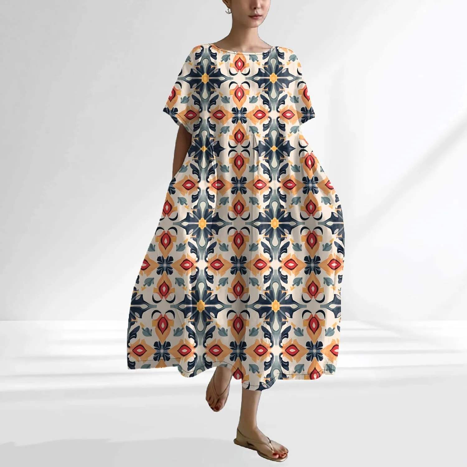 Plus Size Floral Maxi Dress for Women Summer Casual Short Sleeve Boho Dress Cotton Beach Sundresses with Pockets