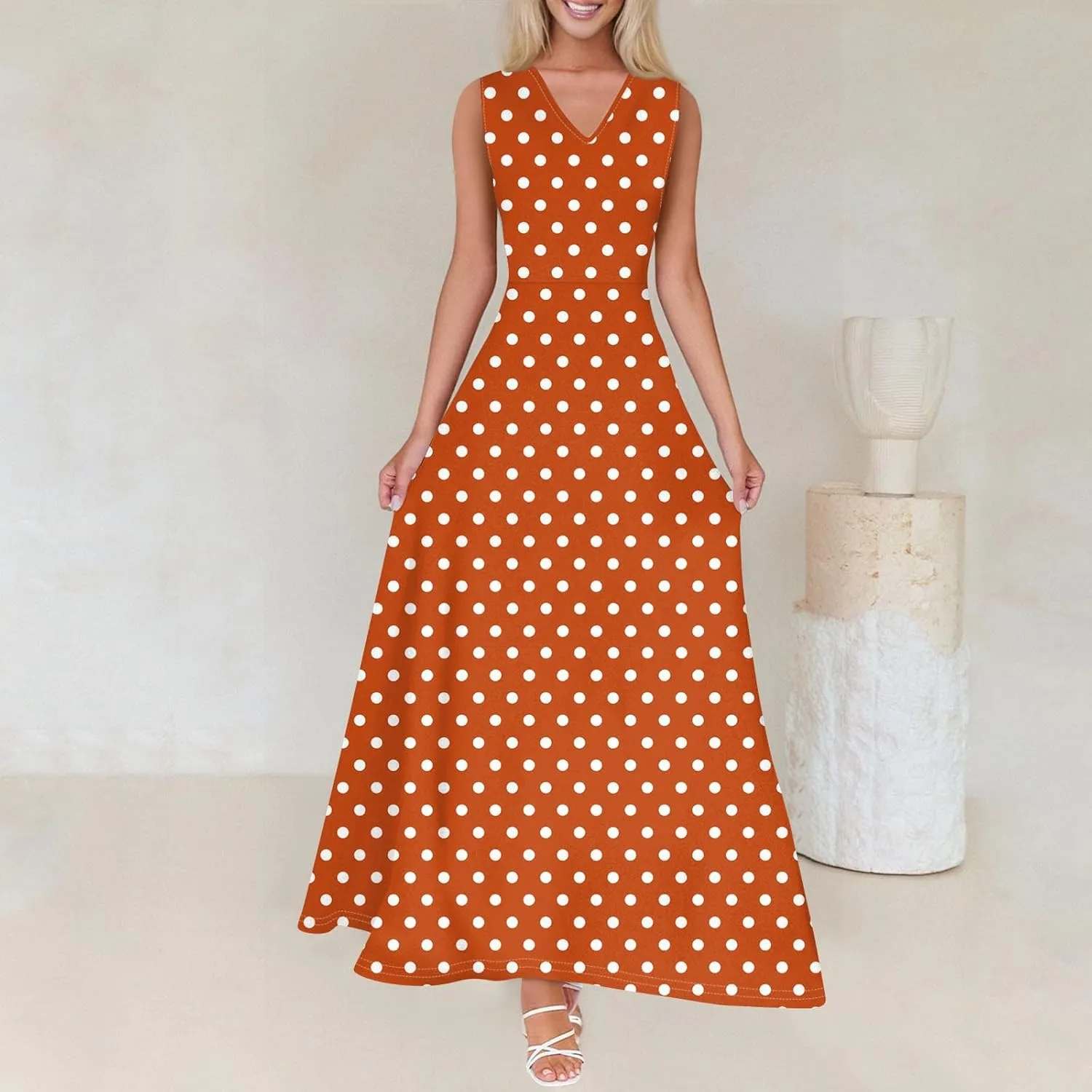 Polka Dot Dress for Women V Neck Sleeveless Aline Flowy Ruffle Long Sun Dress,S-2XL