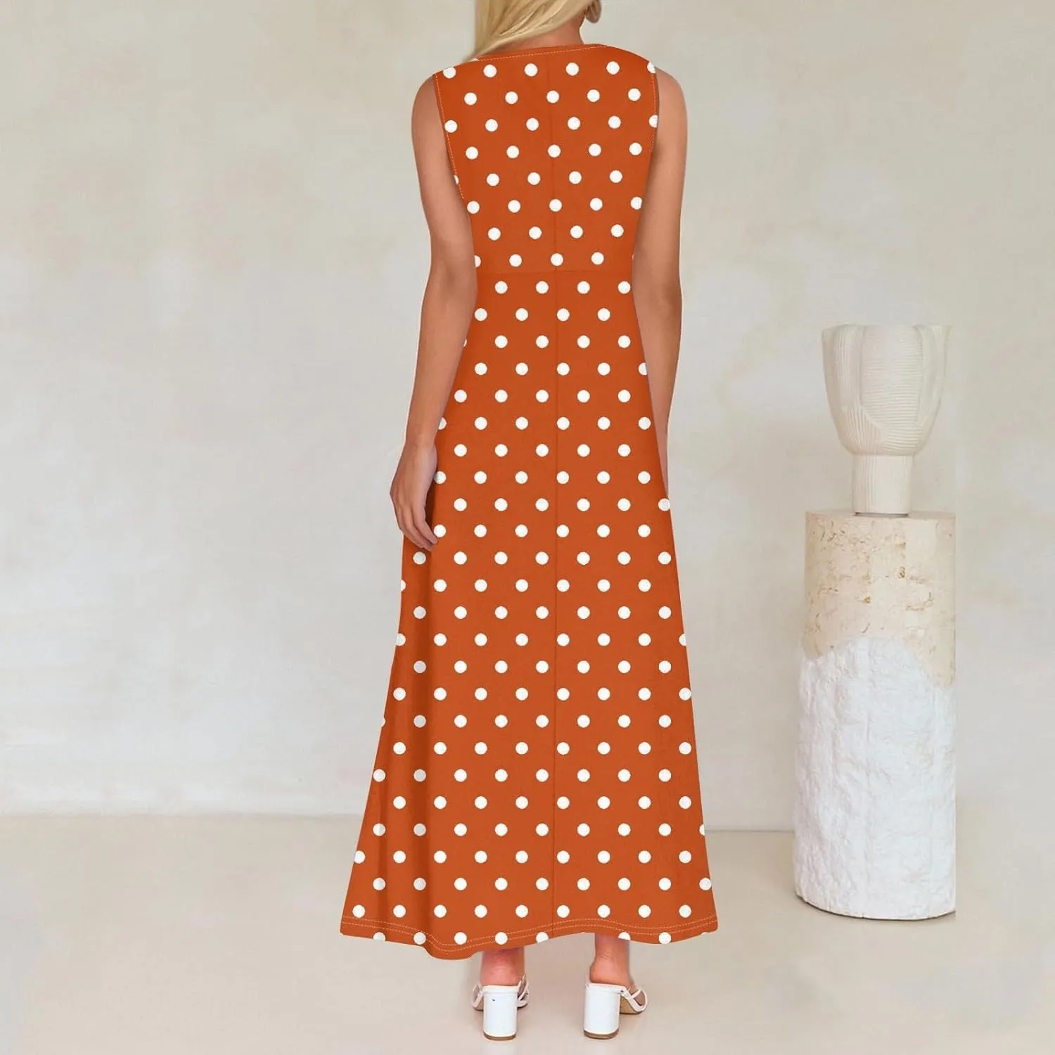 Polka Dot Dress for Women V Neck Sleeveless Aline Flowy Ruffle Long Sun Dress,S-2XL