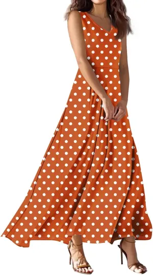 Polka Dot Dress for Women V Neck Sleeveless Aline Flowy Ruffle Long Sun Dress,S-2XL