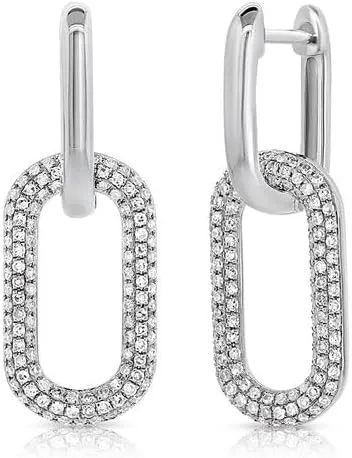 Premium Plated 925 Sterling Silver Paperclip Square Chain Link Dangle Hanging Hoops Earrings Oval Interlocked Pin Stud Huggie Lightweight Hoop for Women (Silver)