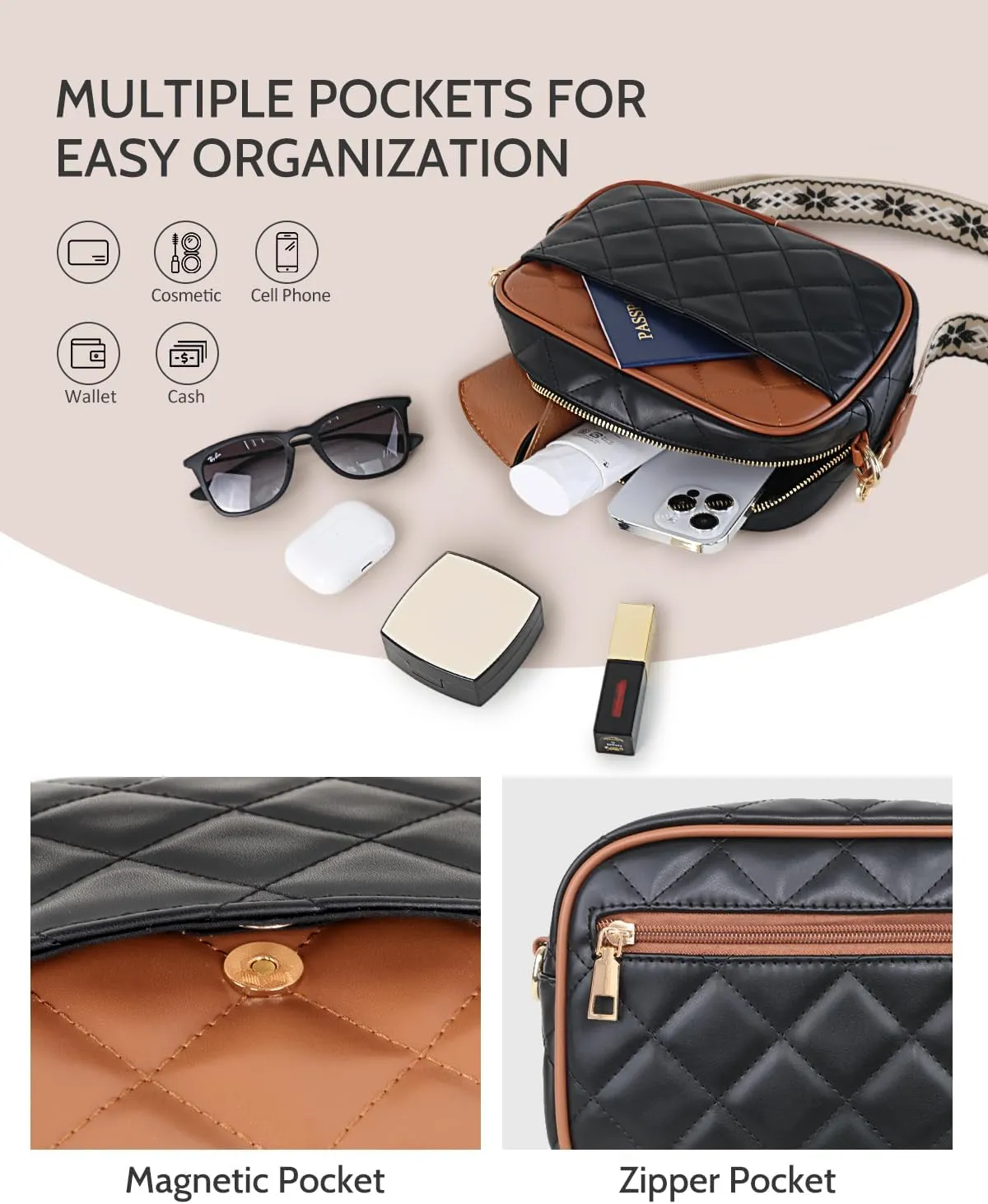 Prite Quilted Crossbody Bag for Women, Vegan Leather Handbag with Shoulder Strap, Small Purse with Card Slots